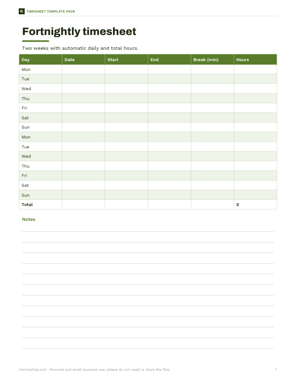 Preview of Fortnightly Timesheet Template