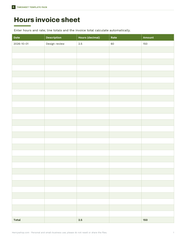 Preview of Printable Hours Invoice Sheet