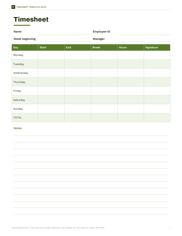Preview of Printable Timesheet Template