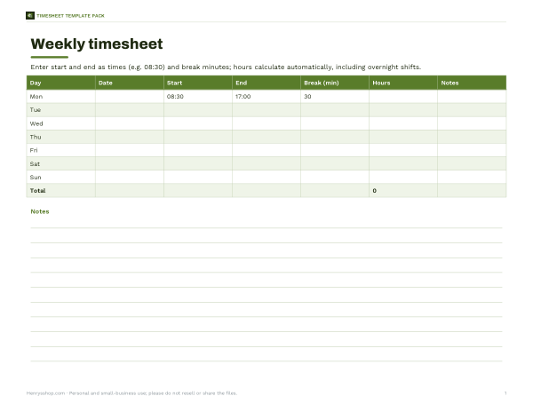 Preview of Printable Weekly Timesheet Calculator